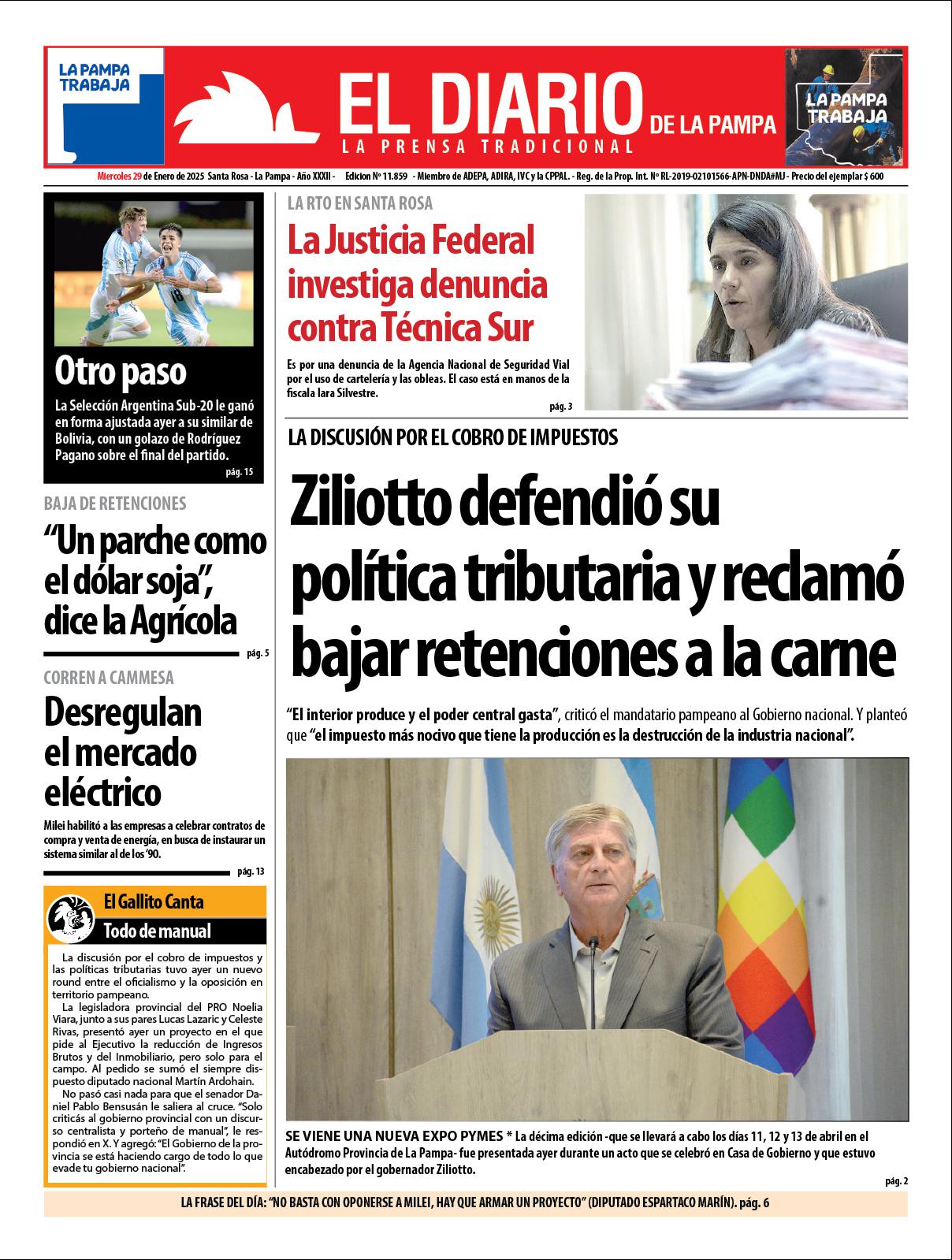 Tapa de El Diario en papel  mieacutercoles 29 de enero de 2025